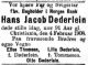 Dødsannonse for Hans Jacob Døderlein 5. februar 1908