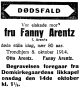 Dødsannonse Fanny Arentz